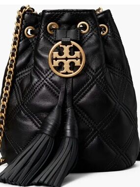 Tory Burch Flemming Mini Black Quilted Leather Bucket Bag with Tassels